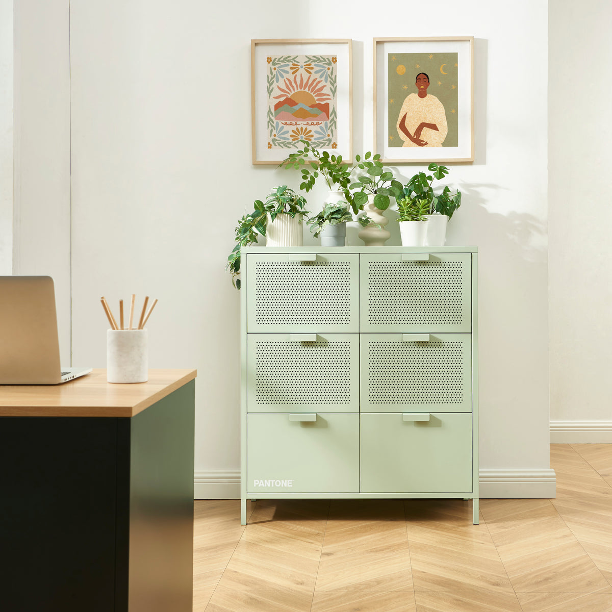 Commode métal vert amande 6 tiroirs 90 cm