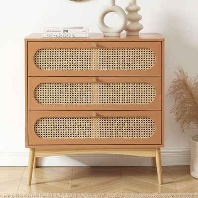 Commode en bois terracotta et cannage