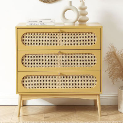 Commode en bois ocre et cannage