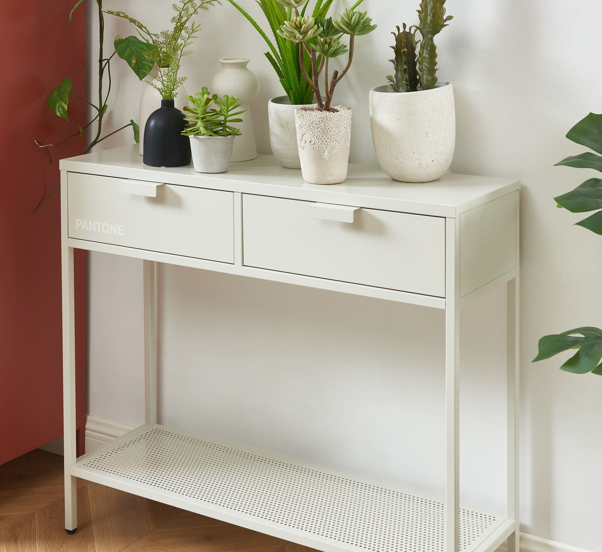 Console métal beige sable 2 tiroirs 100 cm