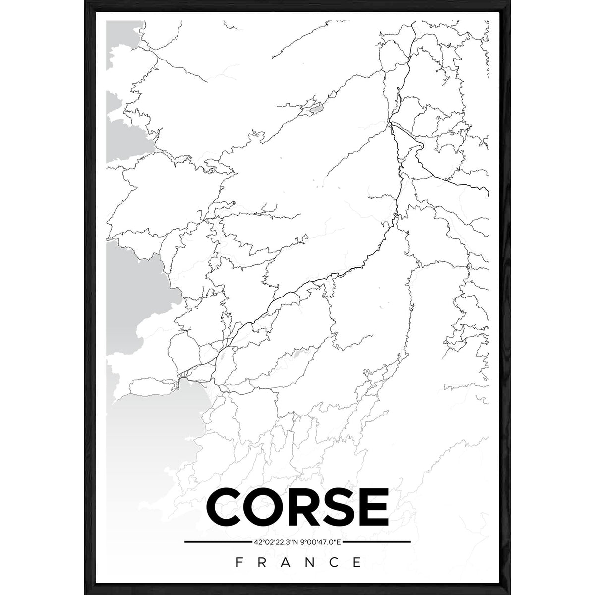 Tableau CORSE avec cadre noir ALL MONOCHROME – Taille 32x42