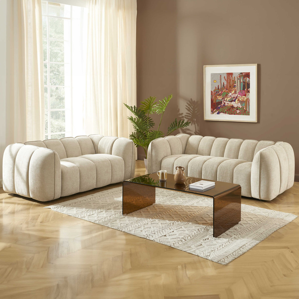 Ensemble canapés droits fixes 3+2 tissu chenille beige LCanapé 3 places : 214,5 - Canapé 2 places : 178