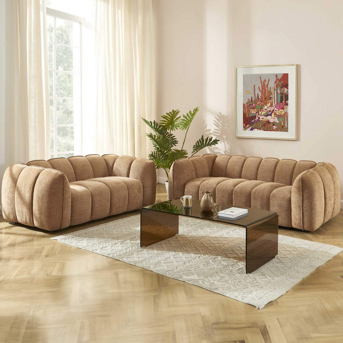 Ensemble canapés droits fixes 3+2 tissu chenille camel