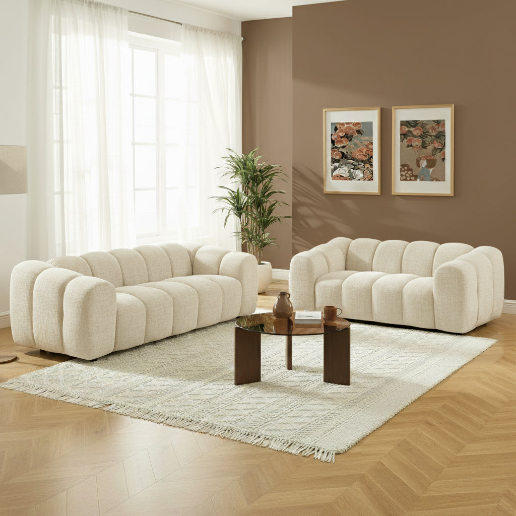 Conjunto de sofás rectos fijos 3+2 en tela tweed crudo