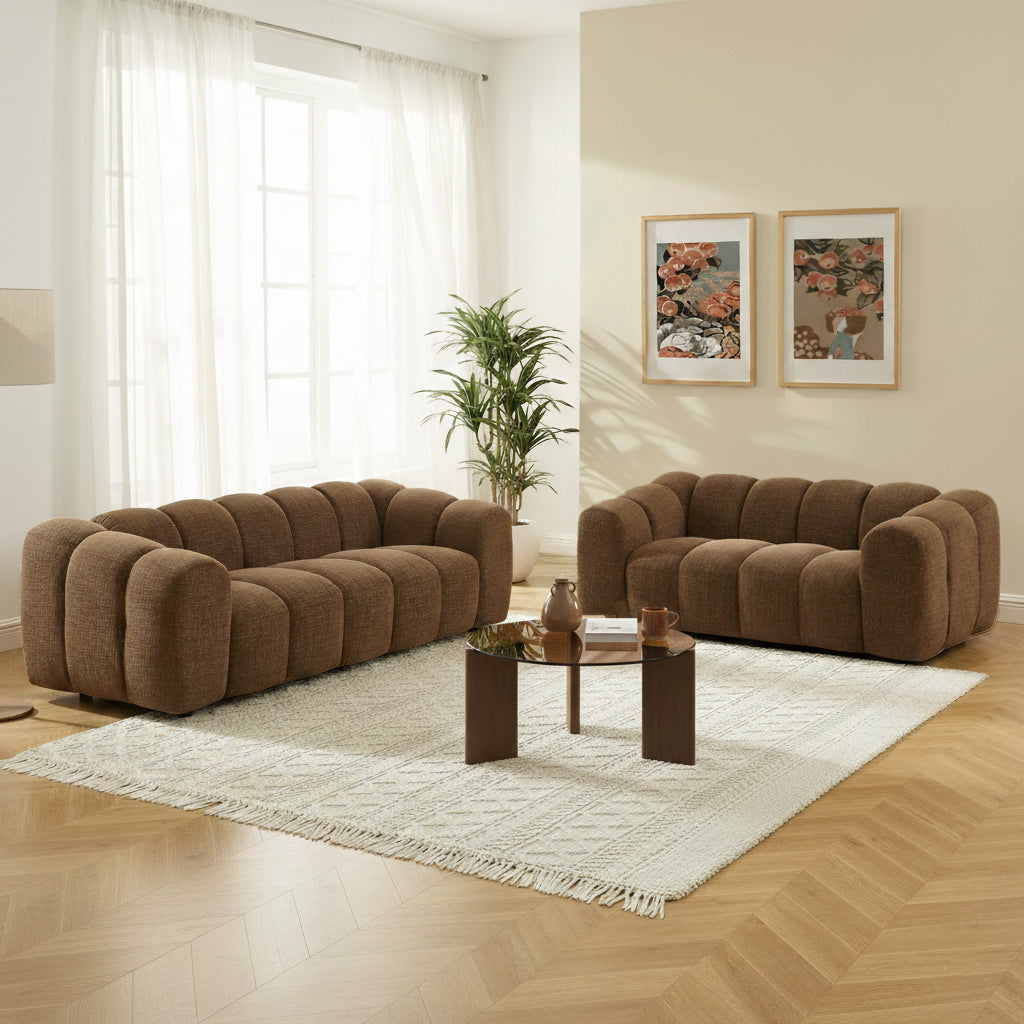 Ensemble canapés droits fixes 3+2 tissu tweed marron