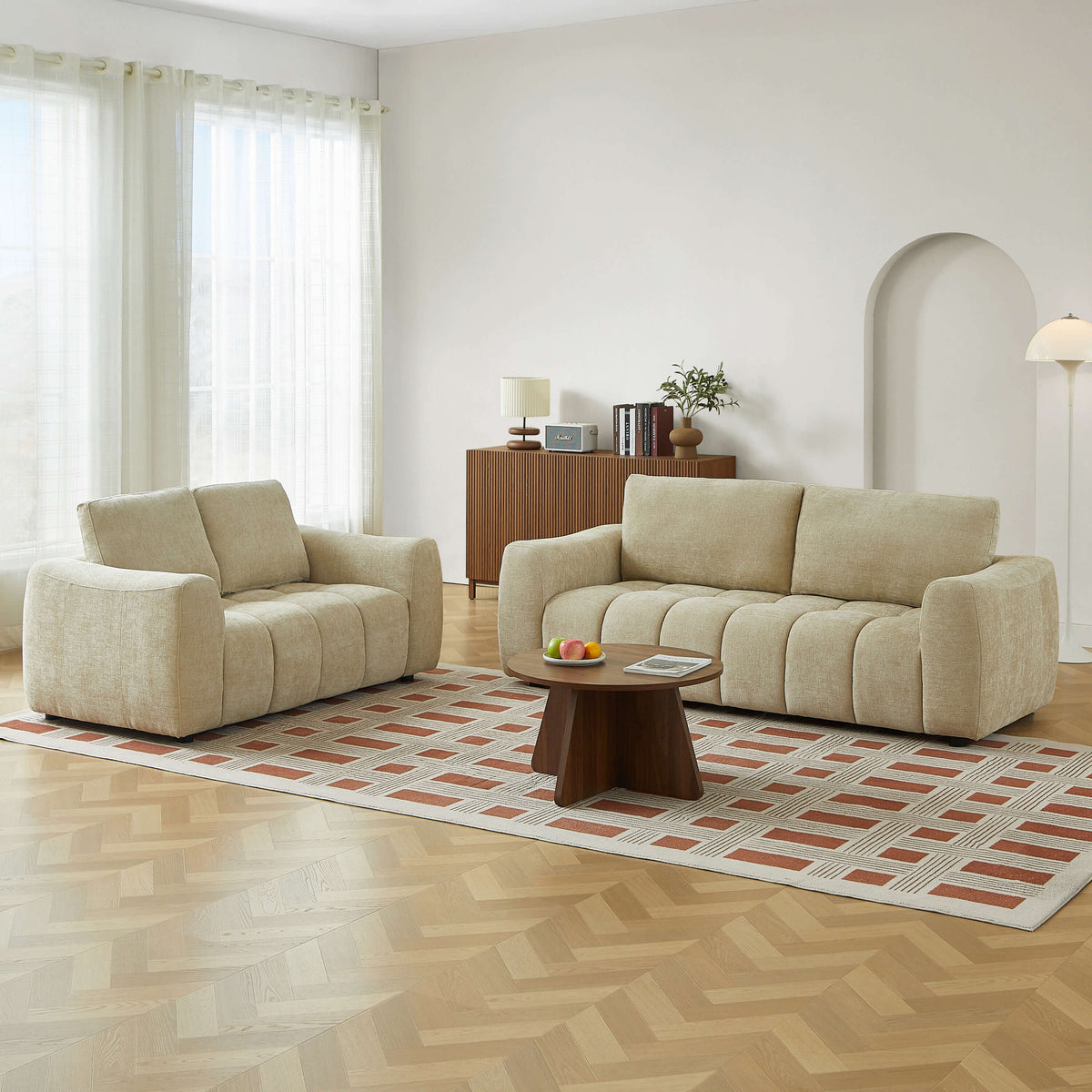 Ensemble canapés droits fixes 3+2 places tissu chenille taupe