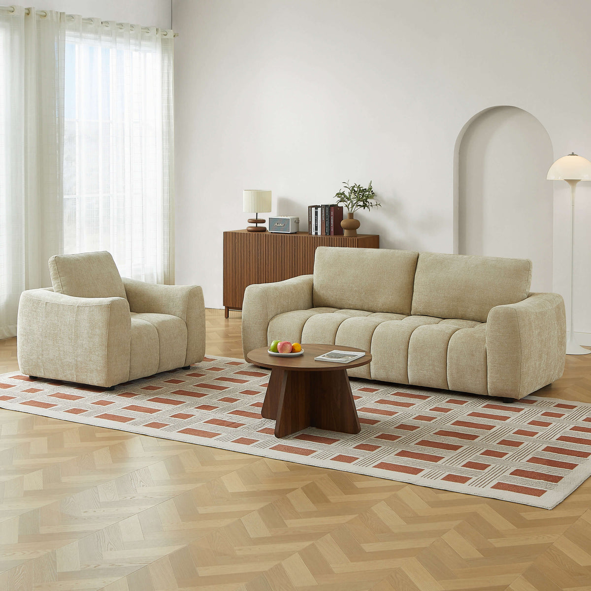 Ensemble canapé droit fixe 3 places + fauteuil 1 place tissu chenille taupe