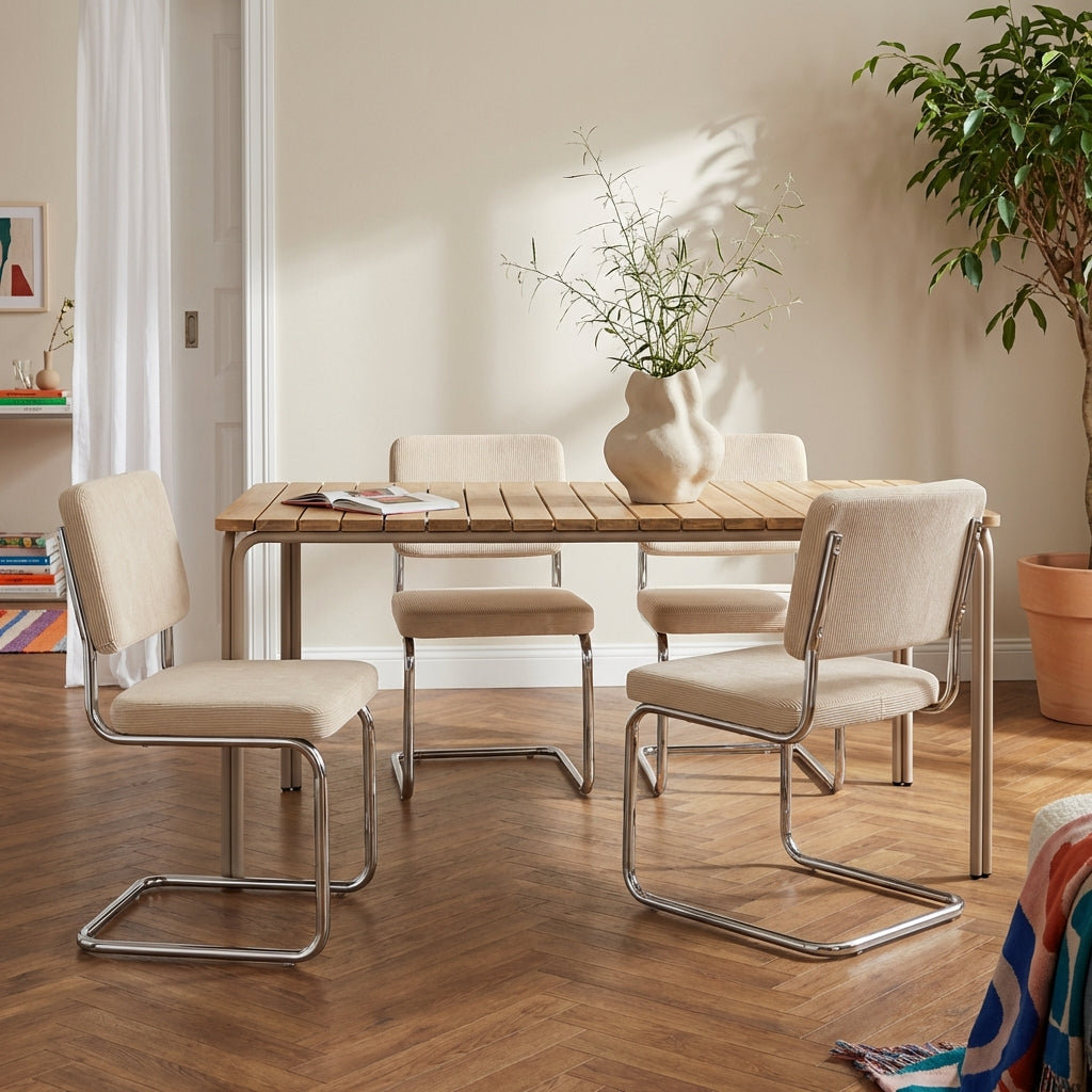 Ensemble repas table bois d'acacia FSC 160 cm et lot de 4 chaises vintage velours côtelé écru