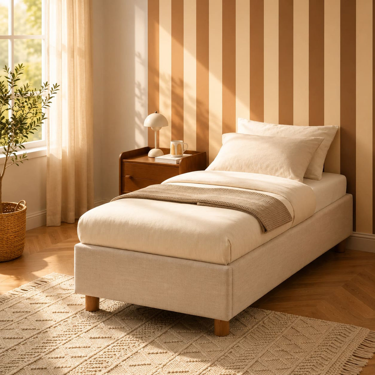 Lit coffre 90x190 tissu beige lin sommier inclus