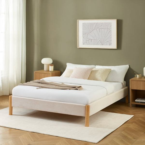 Lit velours côtelé beige 140x190 sommier inclus