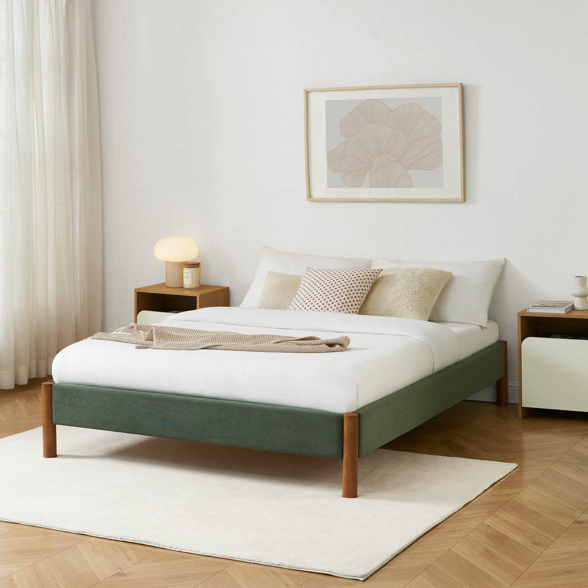 Lit velours côtelé kaki 140x190 sommier inclus