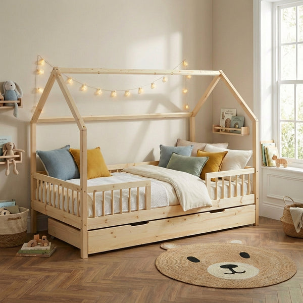 Lit cabane avec barrières 90x190 pin massif sommier + tiroir inclus