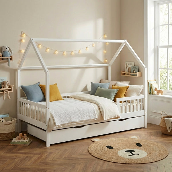 Lit cabane avec barrières 90x190 cm pin massif blanc sommier + tiroir inclus