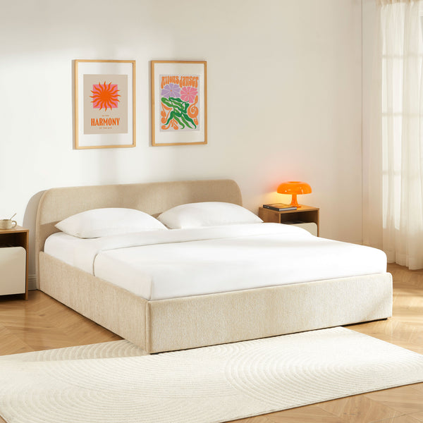 Lit coffre 180x200 tissu chenille beige sommier inclus