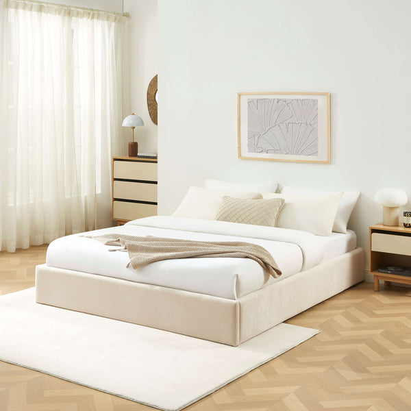 Lit coffre 160x200 tissu beige sommier inclus L211 x P172 x H28.5 cm