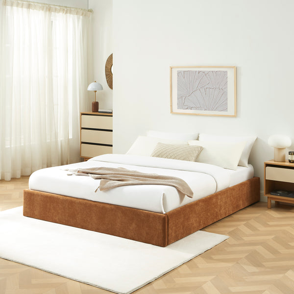 Lit coffre 160x200 tissu marron sommier inclus L211 x P172 x H28.5 cm