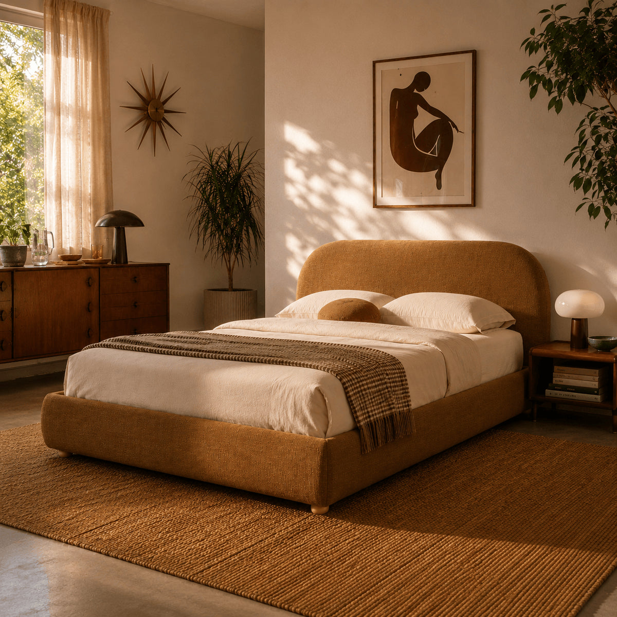 Lit coffre 160x200 tissu bouclette ocre sommier inclus