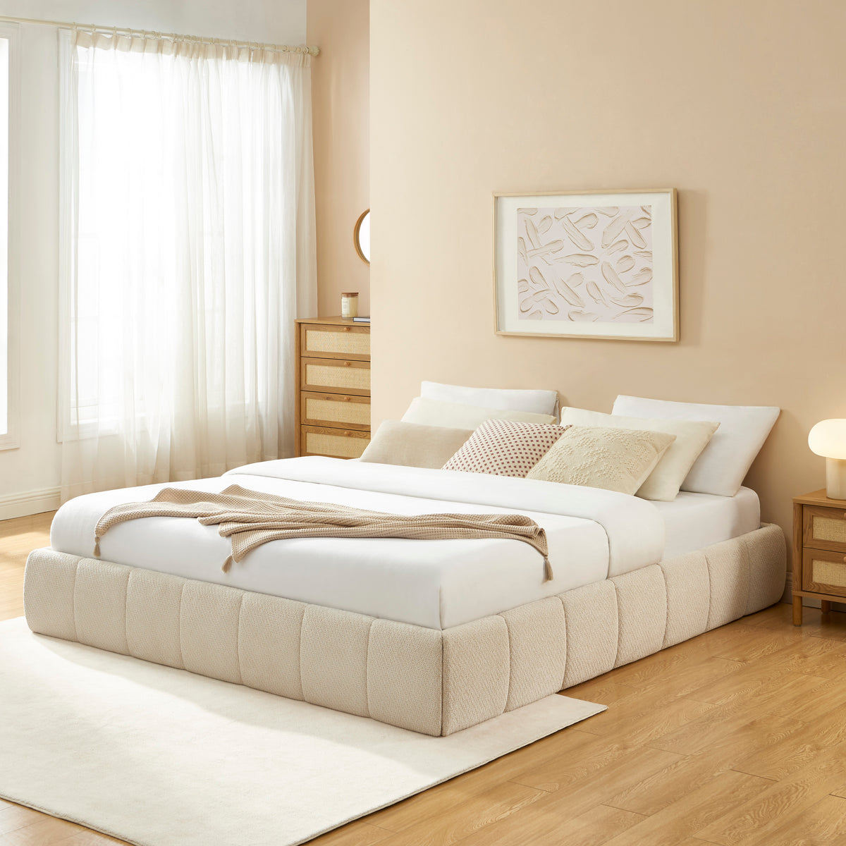 Lit coffre tissu chenille beige 180x200 sommier inclus