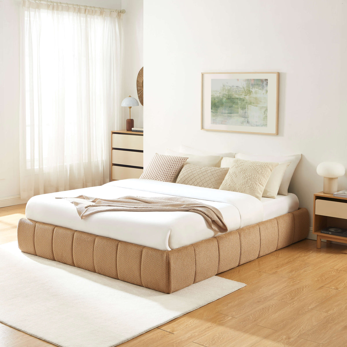 Lit coffre tissu chenille caramel 160x200 sommier inclus