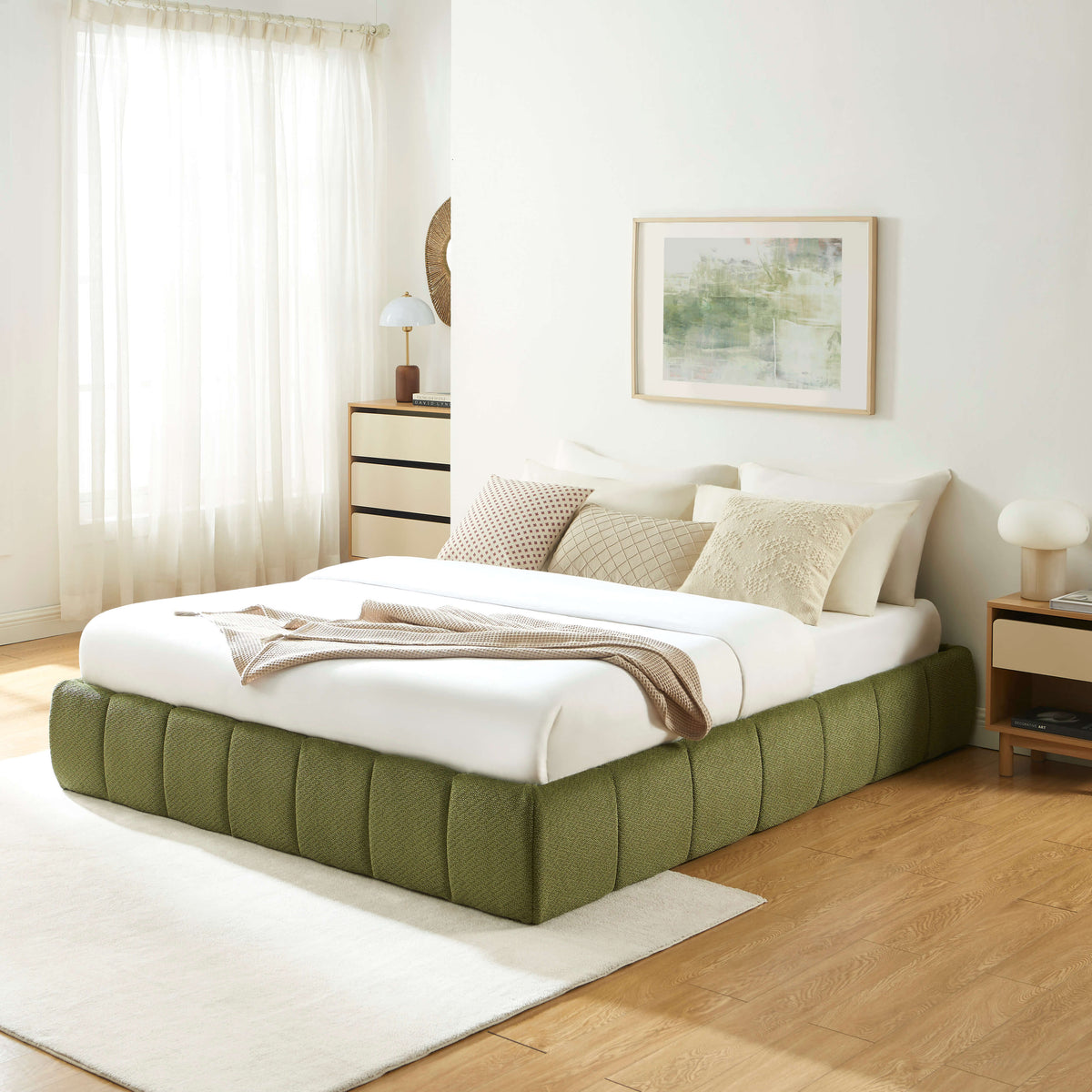 Lit coffre tissu chenille vert 160x200 sommier inclus