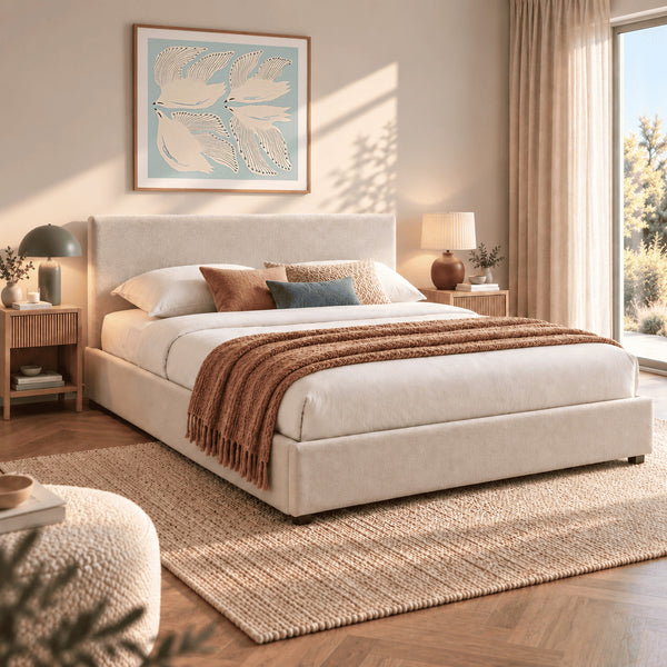 Lit coffre 160x200 tissu beige sommier inclus L215 x P166.5 x H90 cm