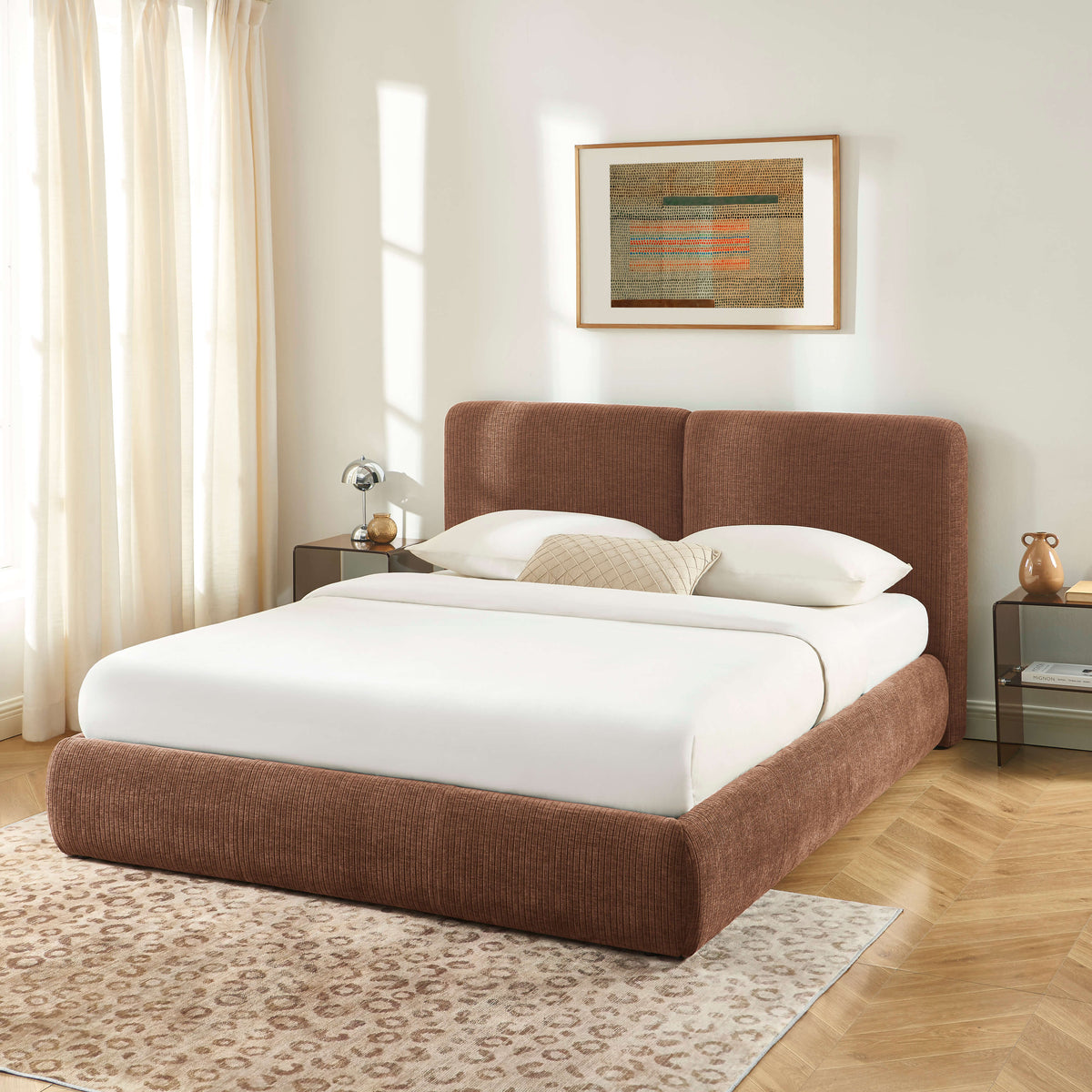 Lit coffre 160x200 velours côtelé marron sommier inclus