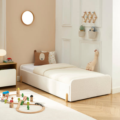 Lit enfant tissu bouclette beige 90x190 sommier inclus
