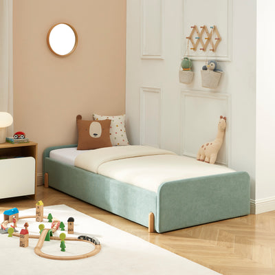 Lit enfant tissu vert 90x190 sommier inclus