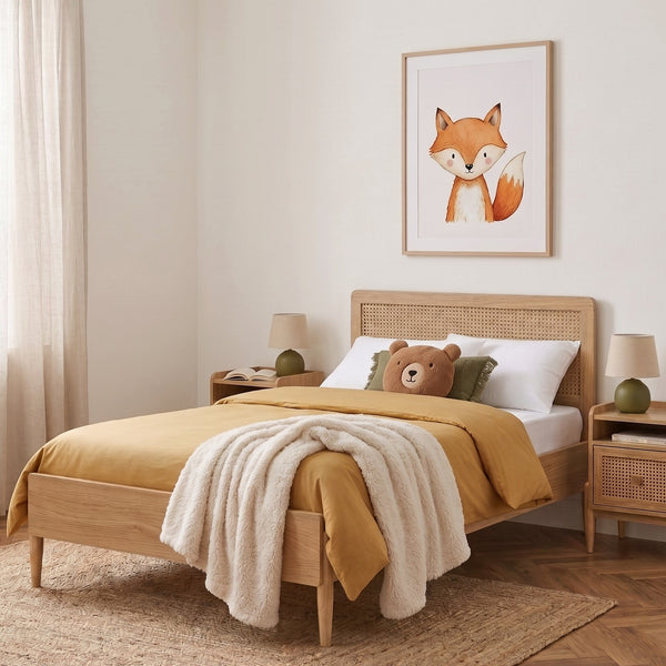 Lit enfant 90x190 cannage rotin et effet bois sommier inclus