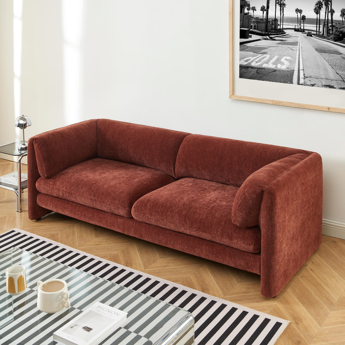 Ensemble canapés droits fixes 3+2 velours texturé bordeaux