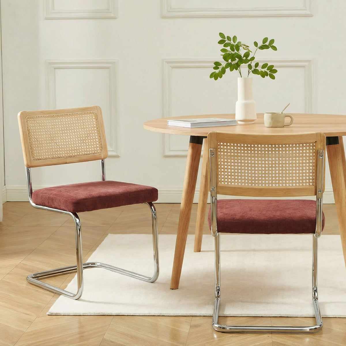 Lot de 2 chaises cannage et tissu bordeaux pieds métal chromé