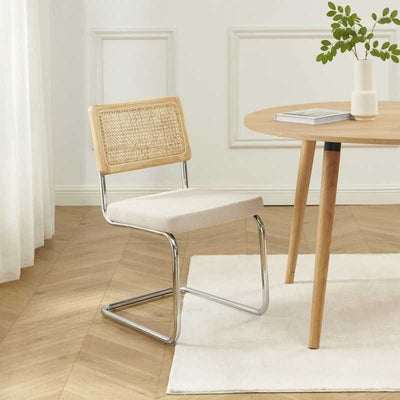 chaise LELA cannage et velours côtelé écru pieds métal chromé