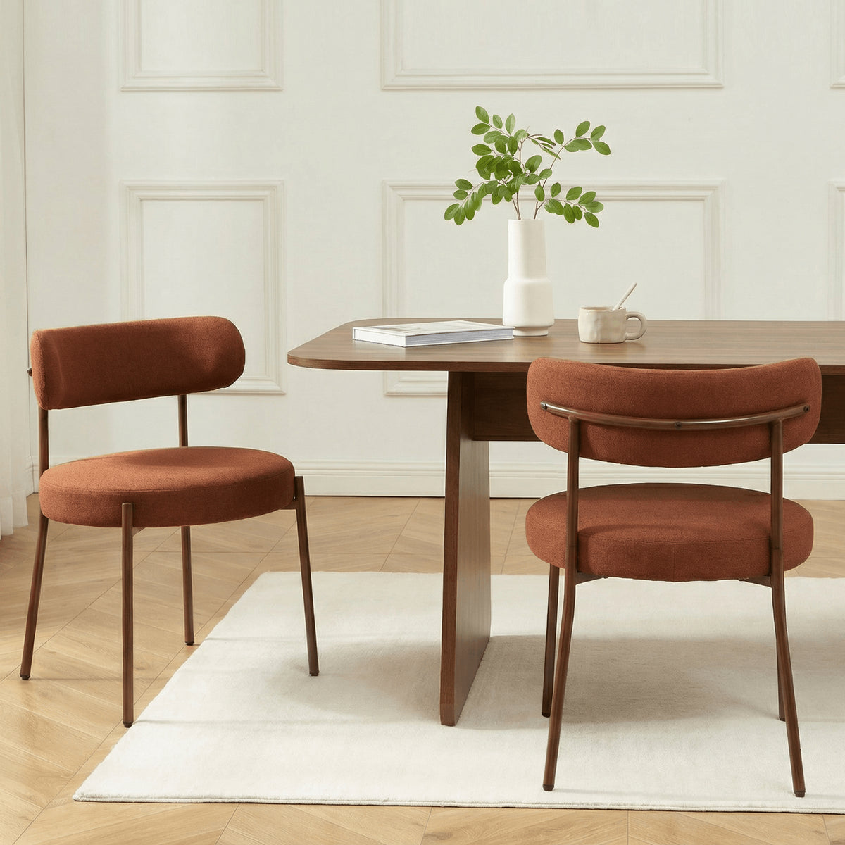 Lot de 2 chaises tissu terracotta pieds métal finition noyer