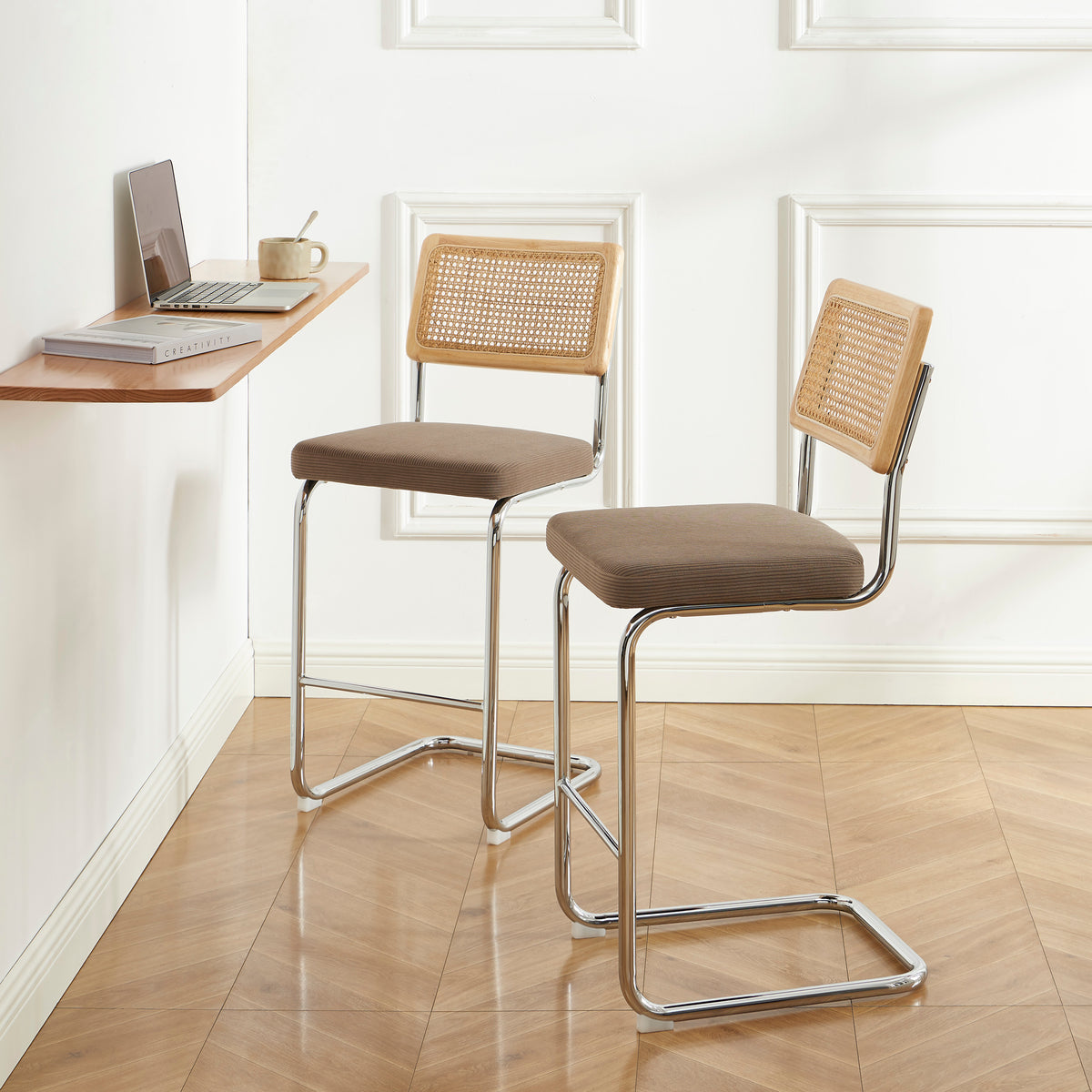 Lot de 2 tabourets mi-hauts cannage velours côtelé grège