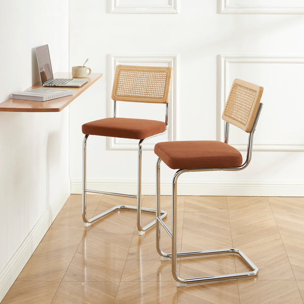 Lot de 2 tabourets mi-hauts cannage velours côtelé terracotta