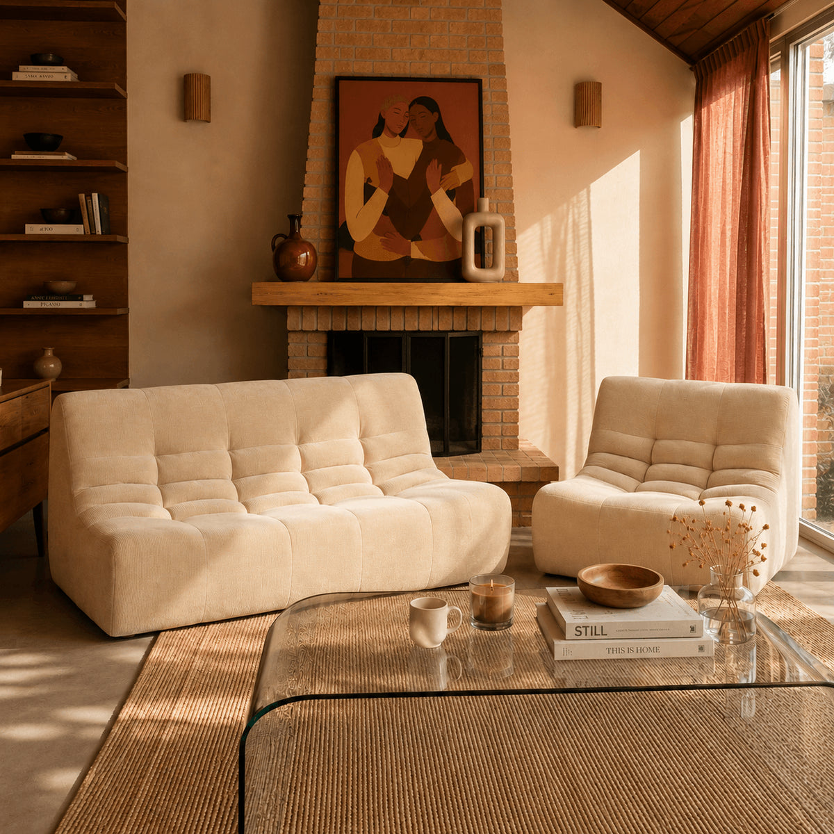 Ensemble banquette et chauffeuse modulable 3 places velours beige