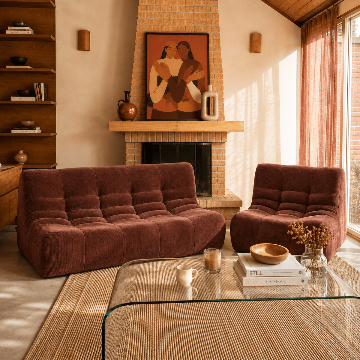 Ensemble banquette et chauffeuse modulable 3 places velours bordeaux