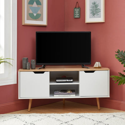 Meuble tv d'angle bois blanc 2 portes
