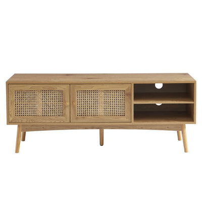 Meuble TV effet chêne et cannage rotin L140 x P40 x H54 cm