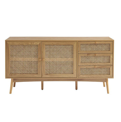 Buffet effet chêne et cannage rotin L150 x P40 x H75 cm