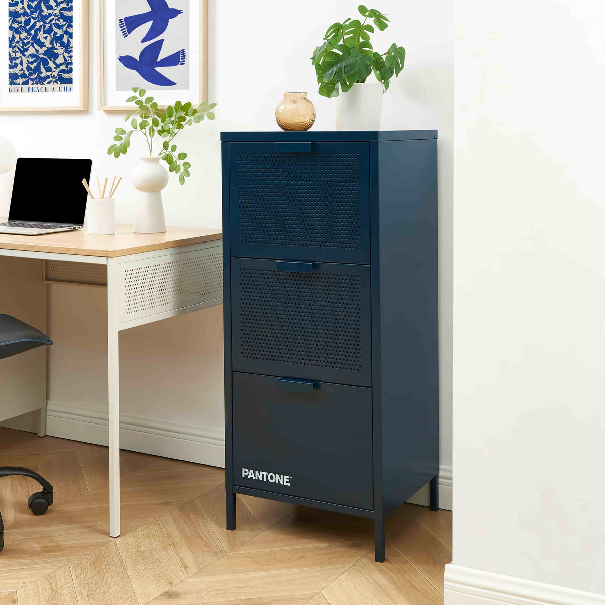Caisson de bureau métal bleu nuit 3 tiroirs H105 cm