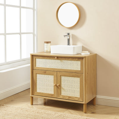 Meuble de salle de bain effet chêne et rotin 80 cm