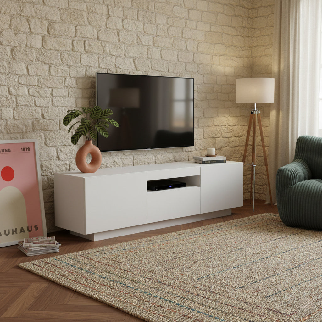 Meuble TV blanc mat 3 portes 150 cm