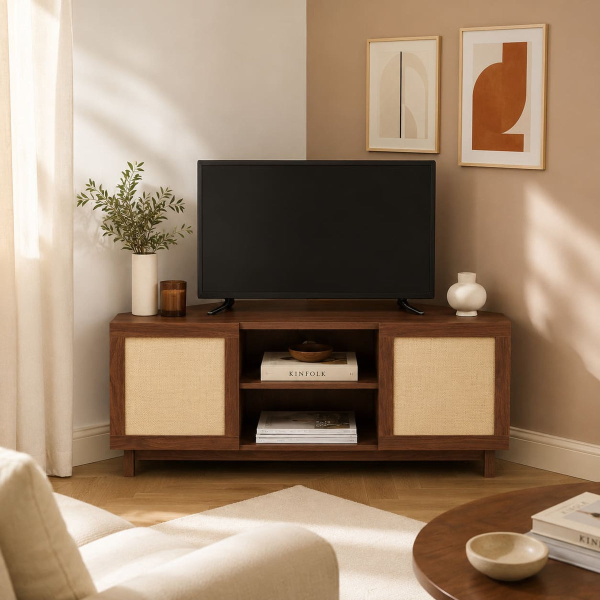 Meuble TV d'angle effet noyer et rotin 120 cm