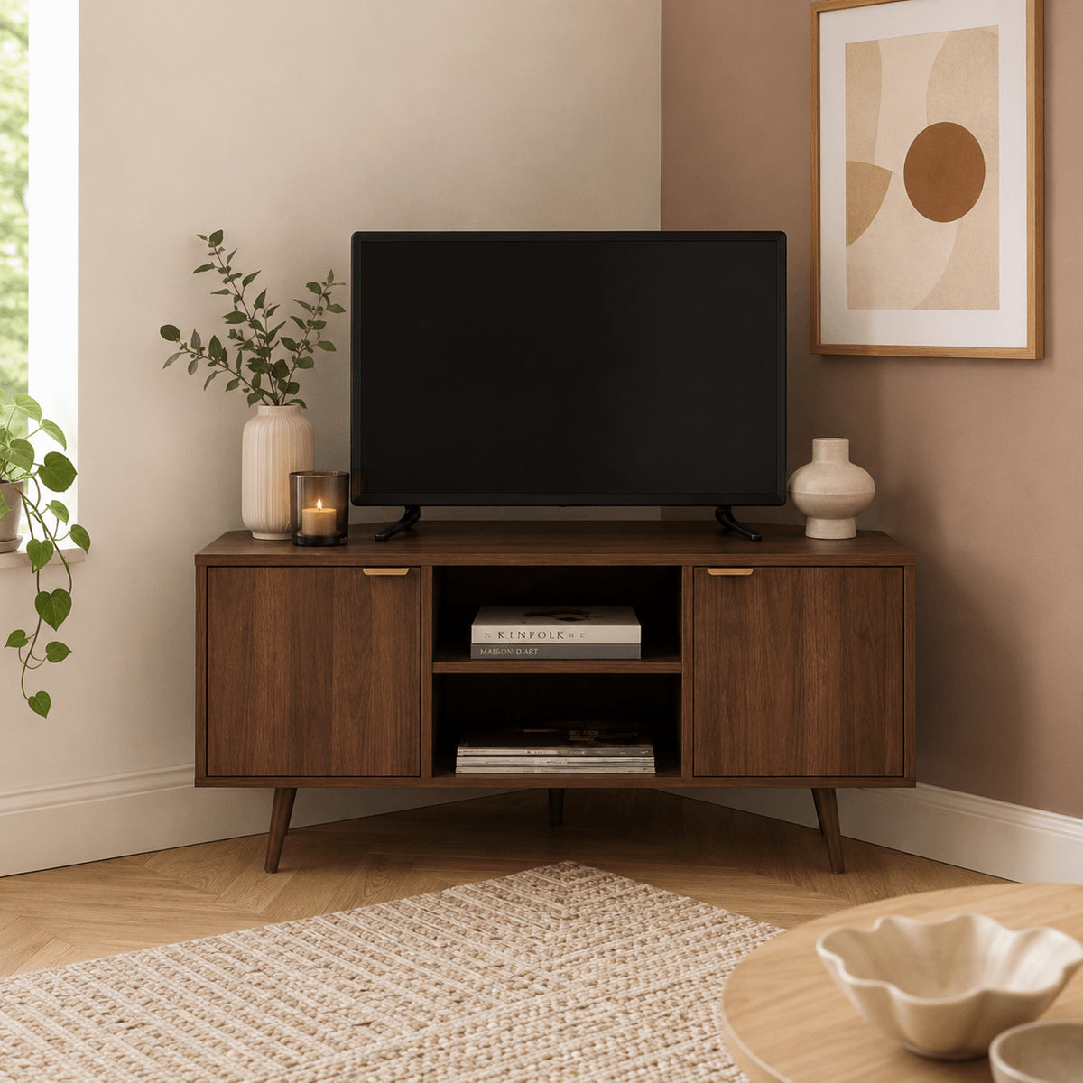 Meuble TV d'angle effet noyer 115 cm L115 x P54 x H53,5 cm