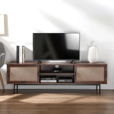 Meuble TV bois foncé avec façades en tissu L140