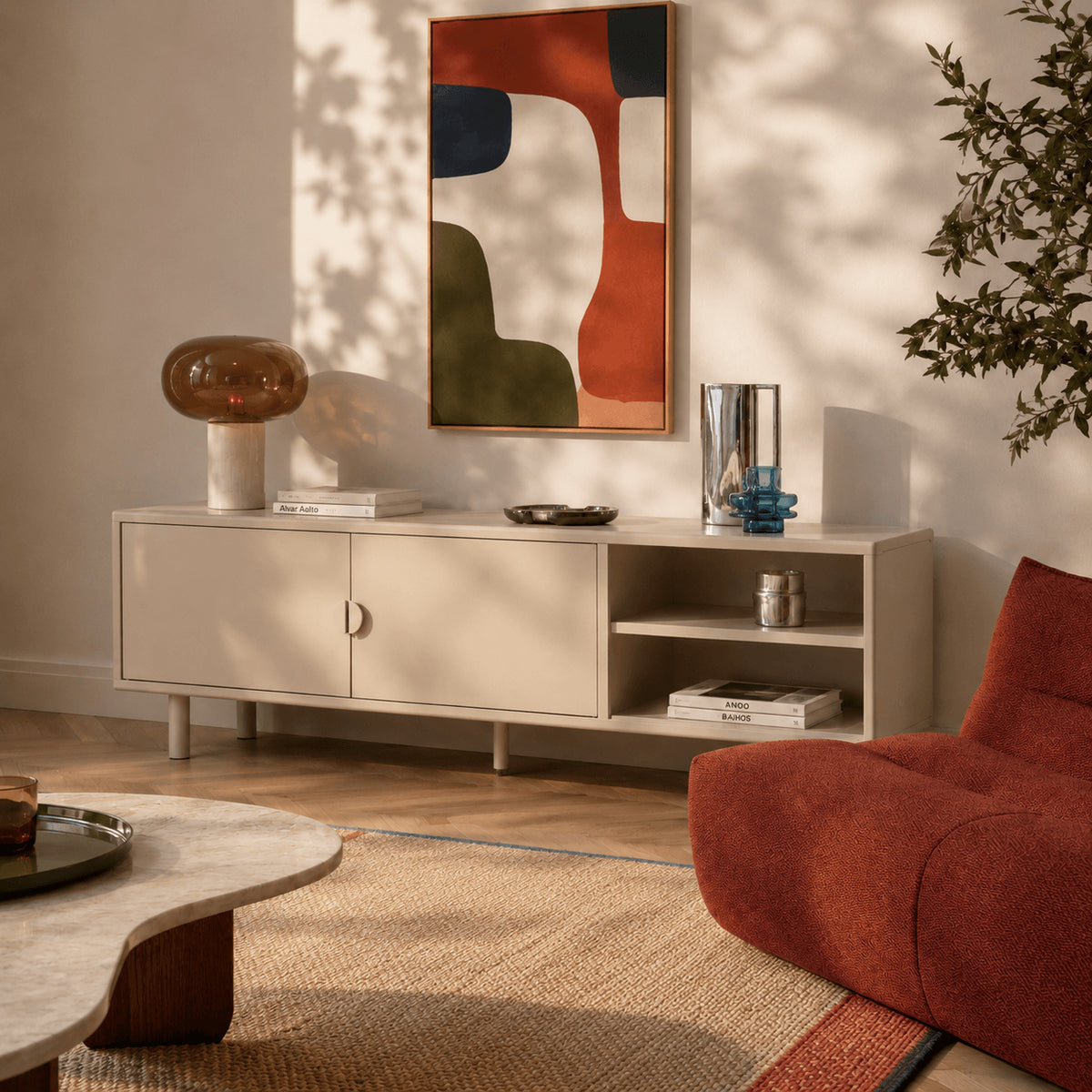 Meuble TV métal beige tofu 180 cm