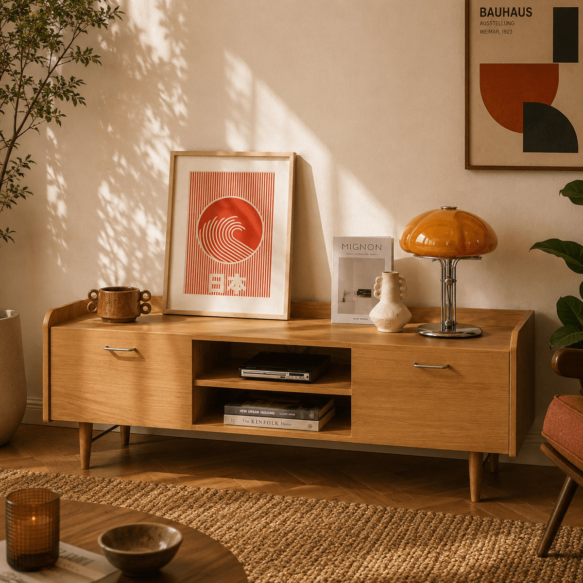 Meuble TV placage chêne 150x53 cm