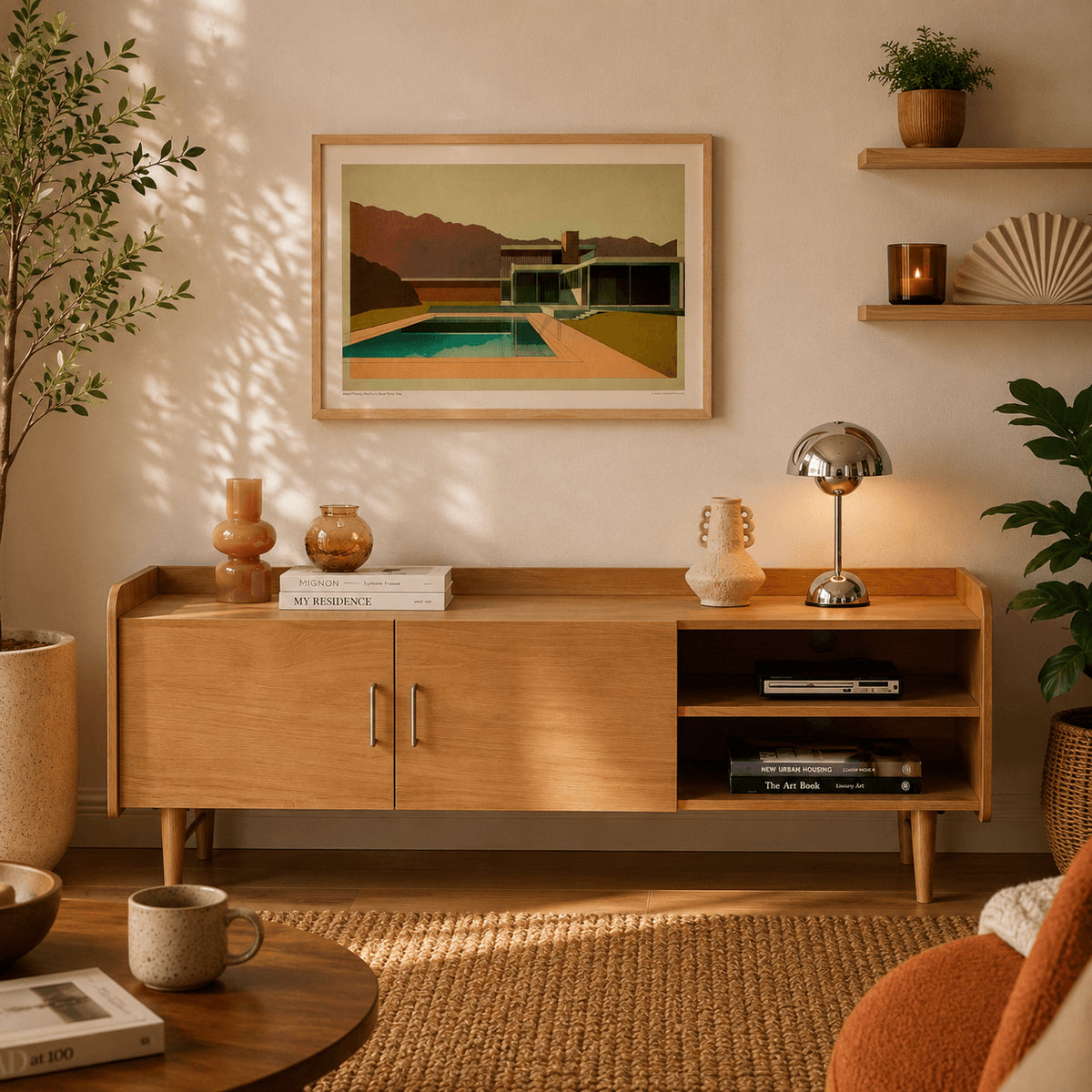 Meuble TV placage chêne 150x57 cm