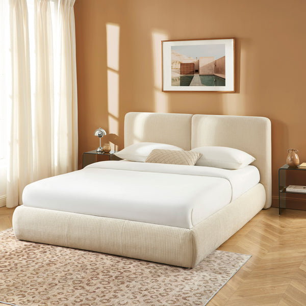 Lit coffre 160x200 velours côtelé beige sommier inclus
